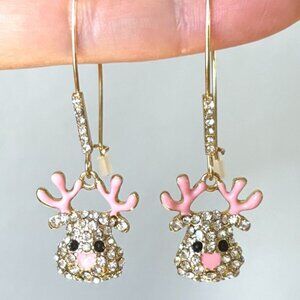 Pink Enamel Antlers Rhinestone Gold Tone Reindeer Head Christmas Winter Earrings